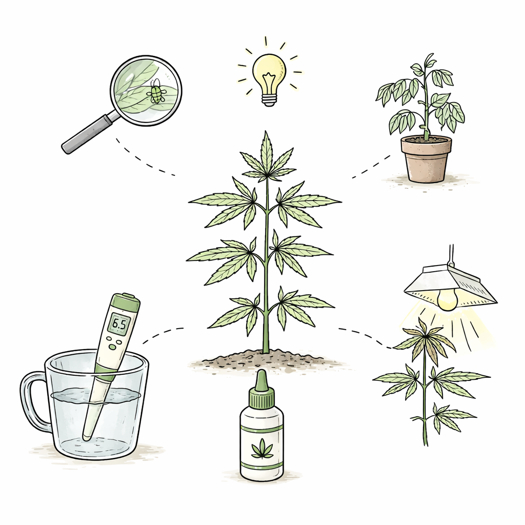 Cannabis Pflanze mit wichtigen Anbaufaktoren wie Licht, pH-Wert, Nährstoffe und Schädlingskontrolle