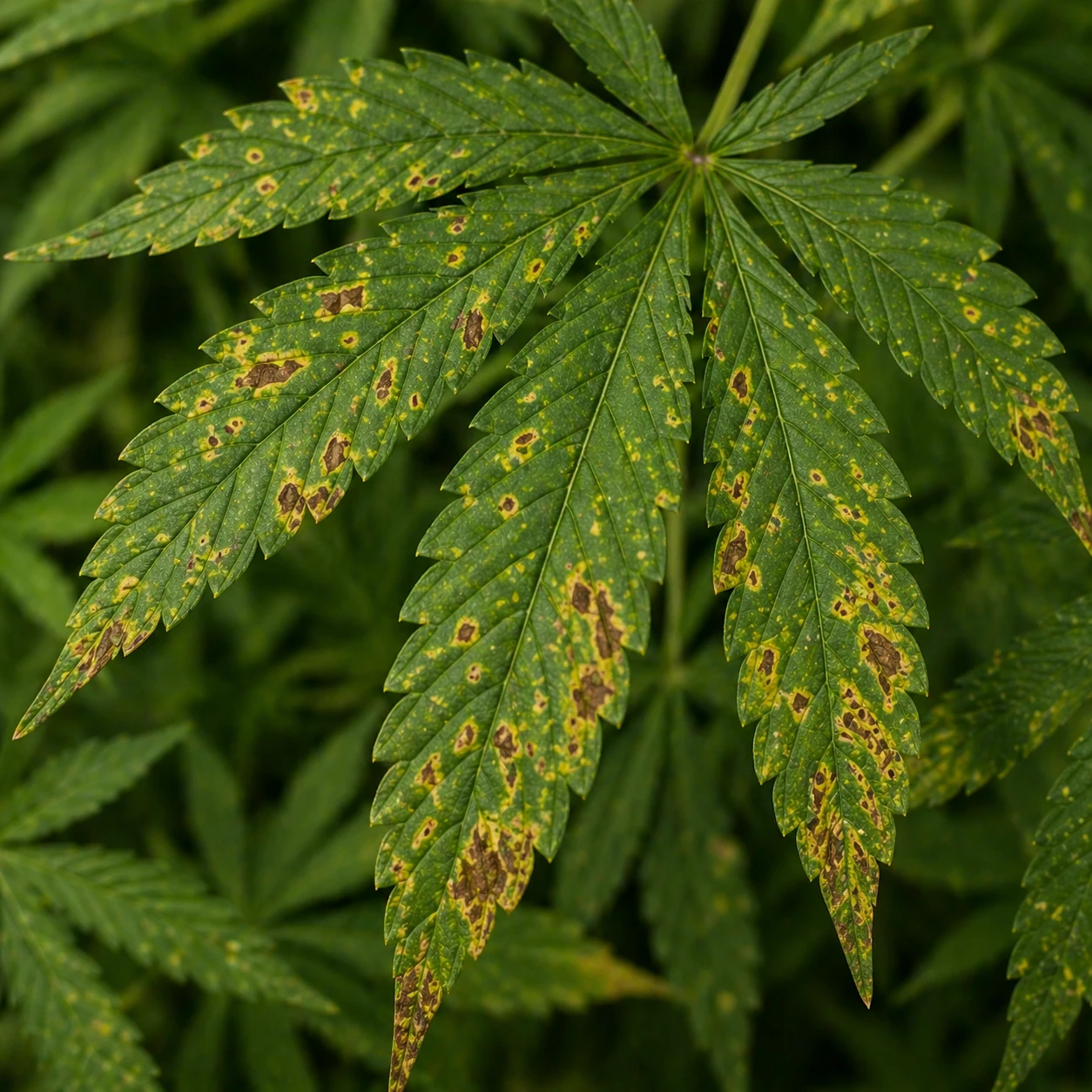 Cannabis Blatt mit braunen und gelben Flecken durch Nährstoffmangel