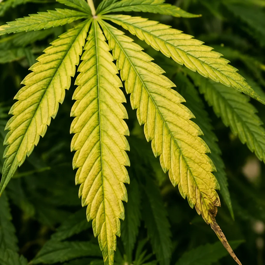 Cannabis Blatt mit gelber Verfärbung durch Stickstoffmangel