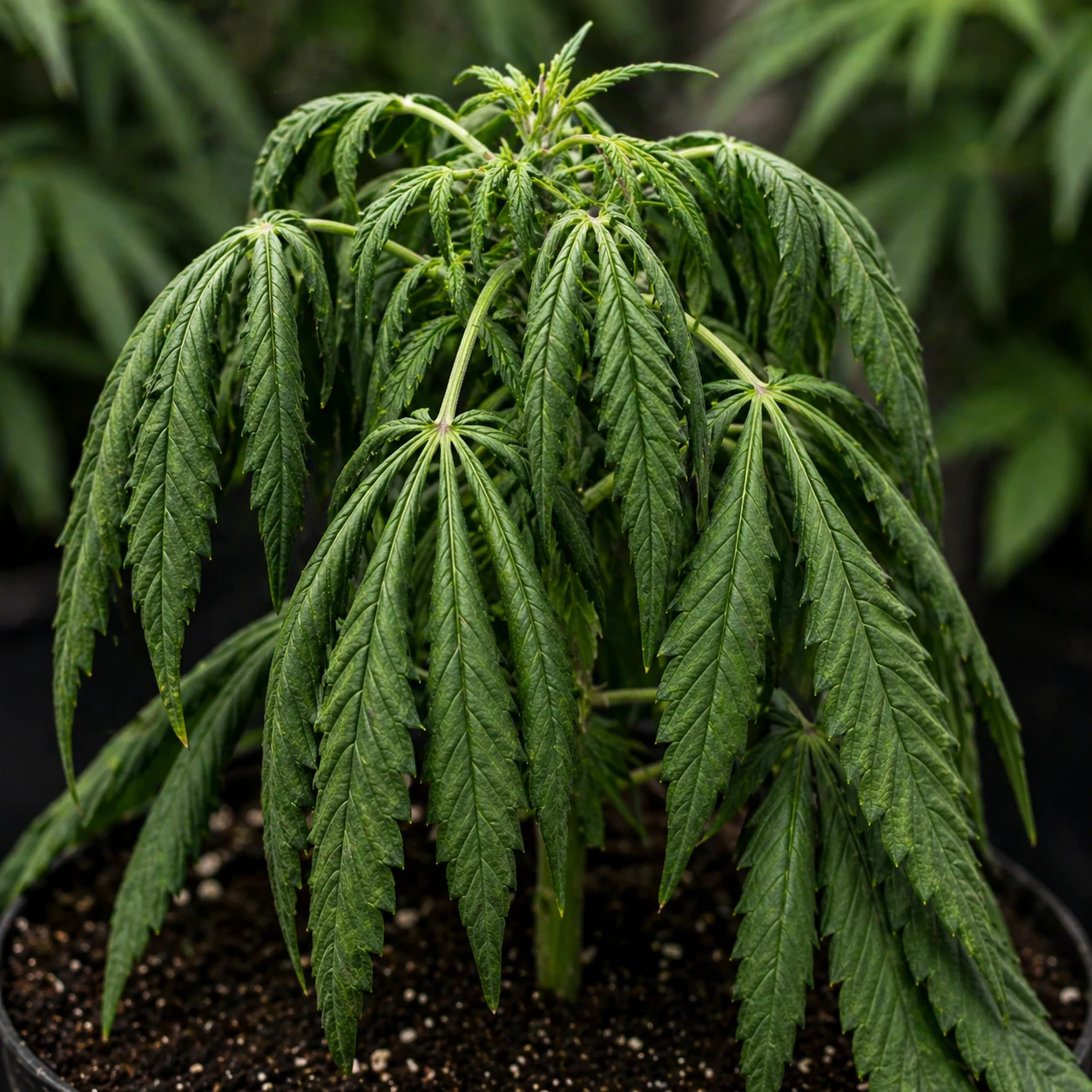 Cannabis Pflanze mit stark hängenden Blättern durch Überwässerung