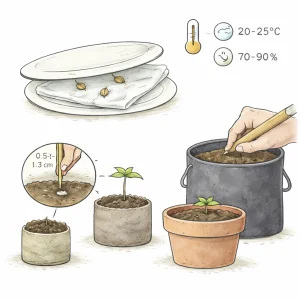 Cannabis Samen keimen zwischen feuchten Papiertüchern und werden anschließend in Erde gepflanzt bei optimaler Temperatur und Luftfeuchtigkeit