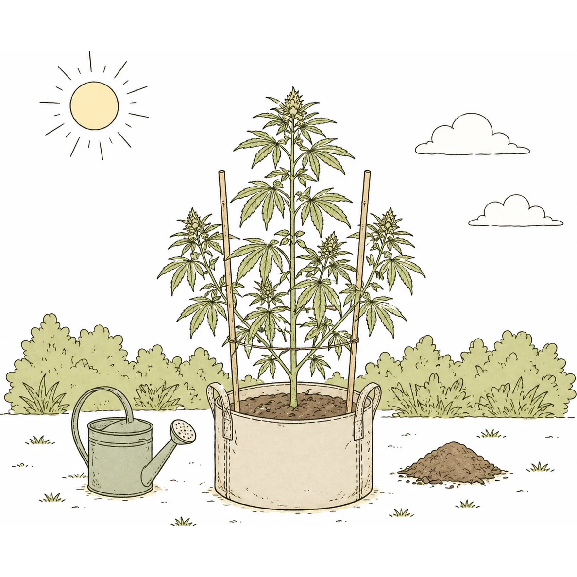 Cannabis Pflanze im Outdoor Anbau in Stofftopf mit Sonnenlicht und natürlicher Umgebung in minimalistischem Stil