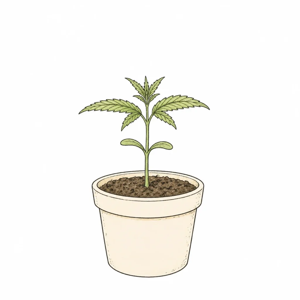 Junge Cannabis Pflanze als Sämling in einem Topf mit gesunden Blättern in minimalistischem Stil