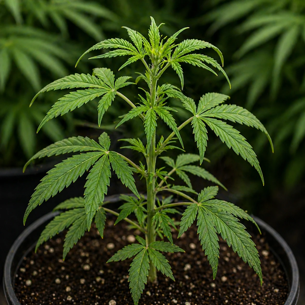 Kleine Cannabis Pflanze mit stagnierendem Wachstum ohne neue Blätter