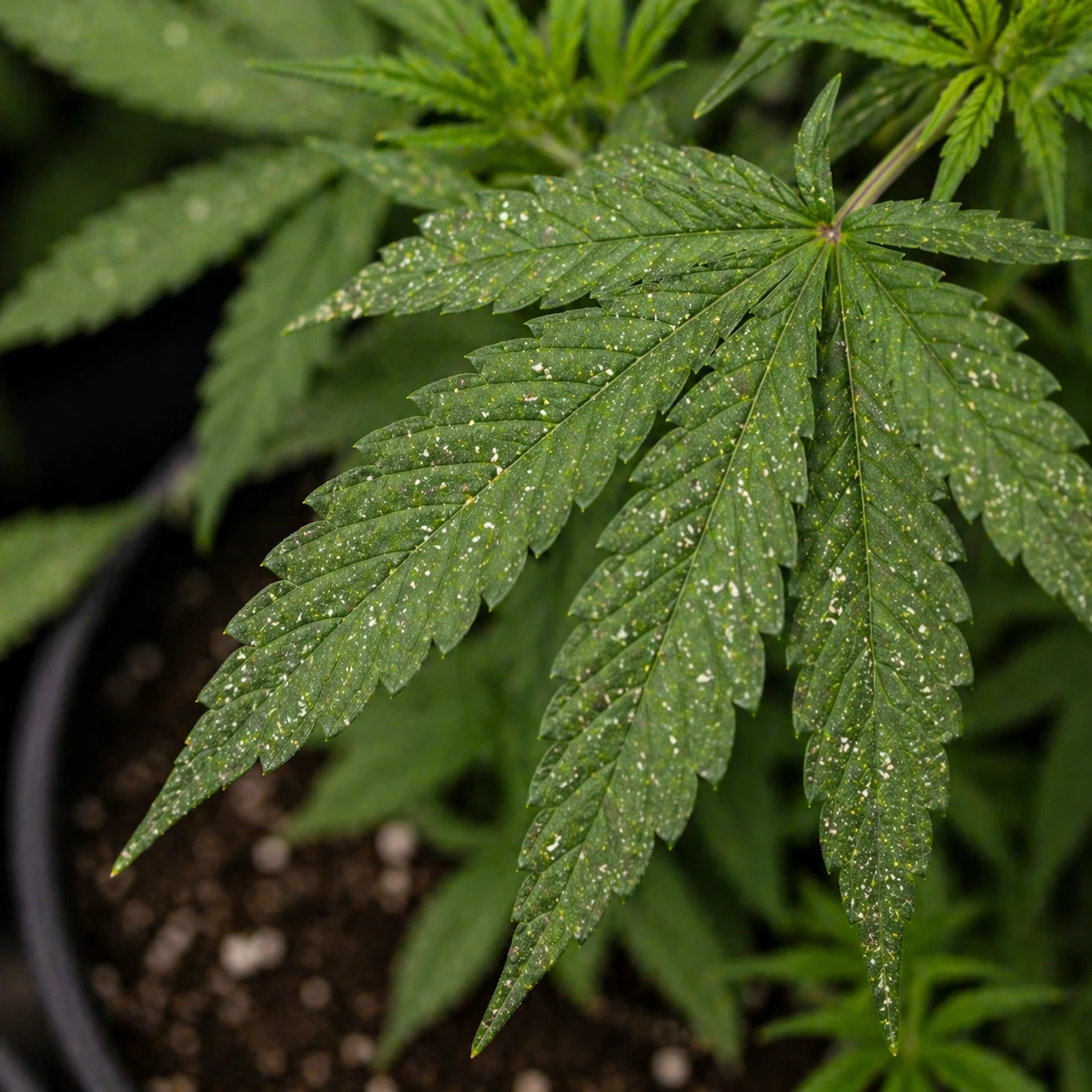 Cannabis Blatt mit vielen kleinen weißen Punkten durch Schädlingsbefall