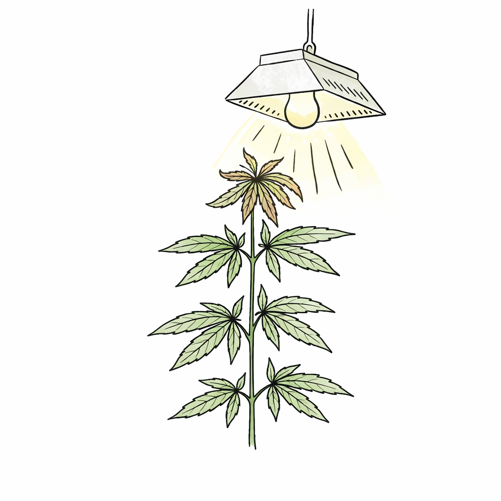 Cannabis Pflanze unter zu naher Growlampe mit verbrannten oberen Blättern in minimalistischer Zeichnung