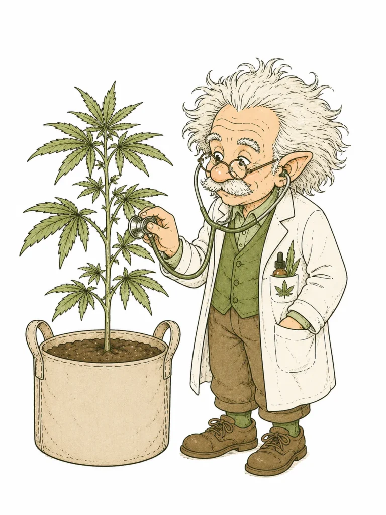 Einstein-artiger Cannabis Doc untersucht eine Pflanze mit Stethoskop zur Diagnose von Wachstumsproblemen