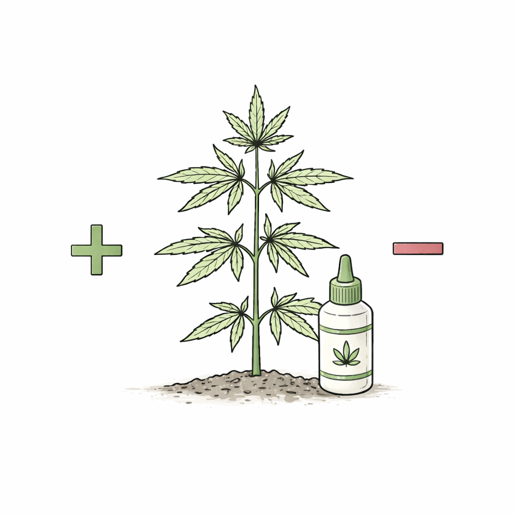 Cannabis Pflanze mit Düngerflasche sowie Plus- und Minus-Symbol zur Darstellung von richtiger und falscher Nährstoffversorgung