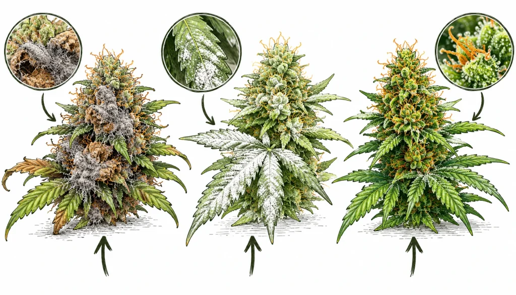 Botrytis Grauschimmel, Echter Mehltau und gesunde Cannabis Pflanze im Vergleich
