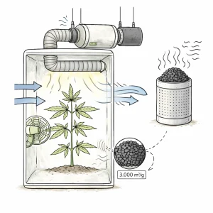 Cannabis Growbox mit Abluftsystem, Aktivkohlefilter und Ventilator zur Luftzirkulation und Geruchskontrolle