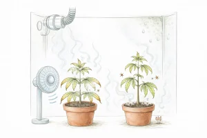 Cannabis Pflanzen in Growbox mit schlechter Belüftung zeigen Schimmel, feuchte Luft und Schädlingsbefall durch fehlende Luftzirkulation