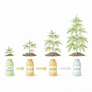 Cannabis Pflanzen in der Blütephase mit verschiedenen NPK-Düngern von 5-7-10 über 6-10-15 bis 4-7-10 für optimale Blütenentwicklung