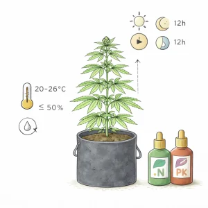 Cannabis Pflanze in der Blütephase mit 12-12 Lichtzyklus sowie angepasster Temperatur, Luftfeuchtigkeit und Blütedünger