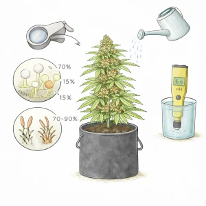 Cannabis Pflanze mit Lupe zur Trichomkontrolle sowie Darstellung von milchigen, klaren und bernsteinfarbenen Harzdrüsen und reifen Blütenstempeln