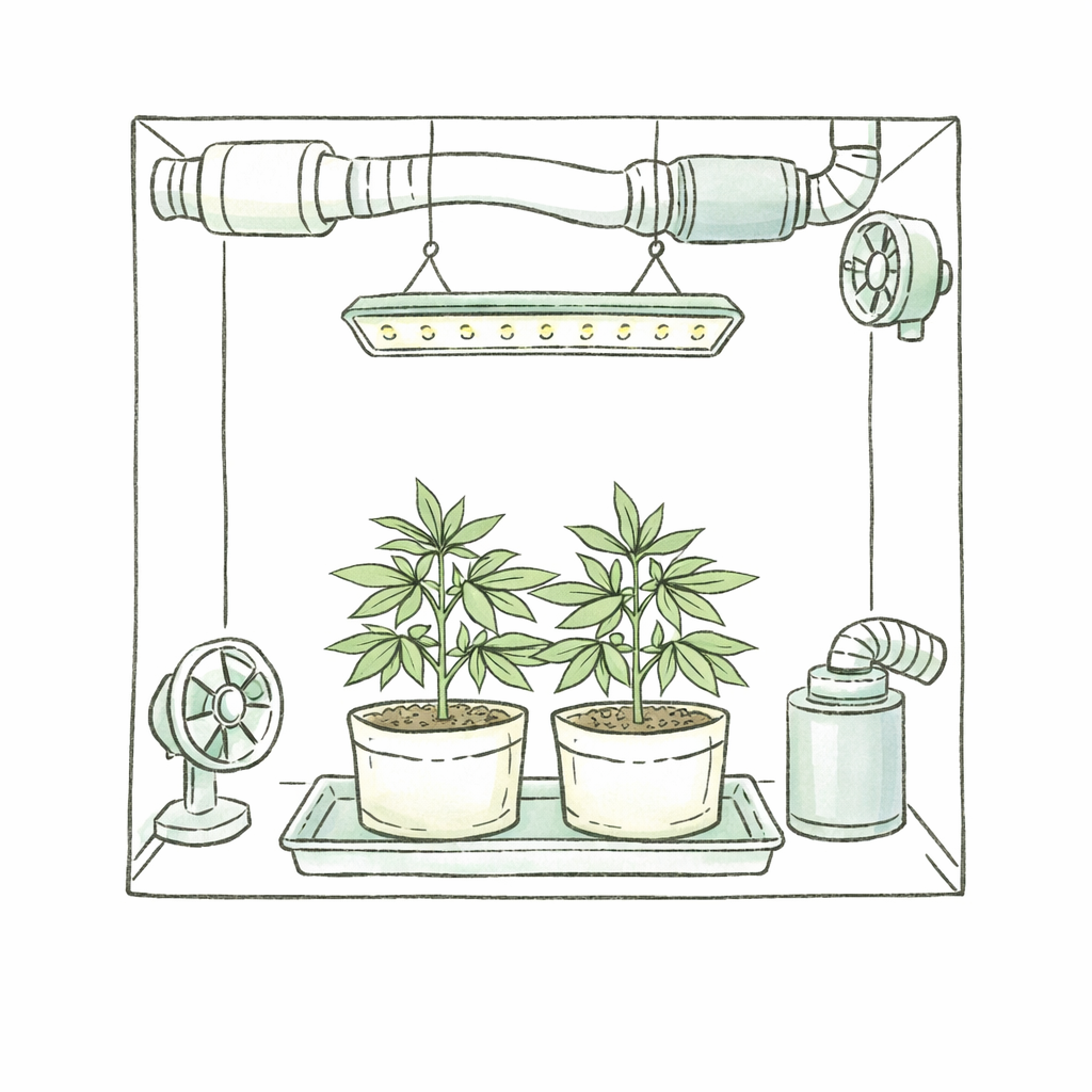 cannabis indoor anbau setup mit growbox led licht und belüftung