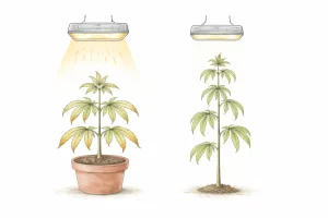 Cannabis Pflanzen mit falschem Lichtabstand zeigen Symptome wie verbrannte Blätter bei zu naher Lampe und gestrecktes Wachstum bei zu großem Abstand