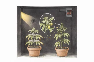 Cannabis Pflanzen in Growbox mit Lichtleck während der Dunkelphase zeigen Stress und gestörte Blütenbildung