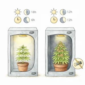 Cannabis Pflanzen in Growbox mit Lichtzyklen 18-6 für Wachstum und 12-12 für Blüte sowie Darstellung von Licht und Dunkelphasen