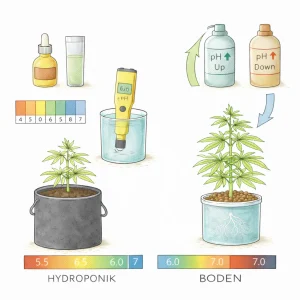 pH-Wert Messung bei Cannabis Pflanzen mit Testflüssigkeit, digitalem Messgerät und Anpassung für Boden und Hydroponik