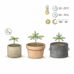 Junge Cannabis Sämlinge in Töpfen mit optimalen Bedingungen für Temperatur, Luftfeuchtigkeit und Lichtzyklus in der frühen Wachstumsphase