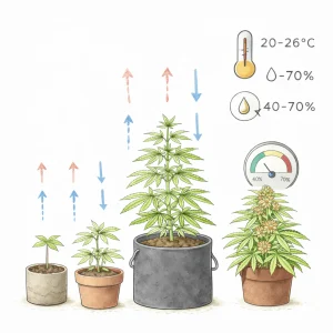 Cannabis Pflanzen in verschiedenen Wachstumsphasen mit optimalen Temperatur- und Luftfeuchtigkeitswerten sowie Luftzirkulation im Indoor-Anbau