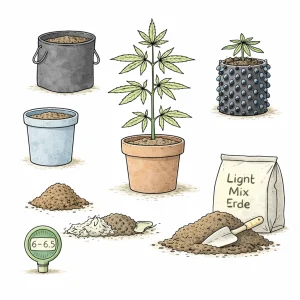 Cannabis Pflanze mit verschiedenen Töpfen, Erde und Substraten wie Light-Mix, Perlit und Air-Pots für den Indoor-Anbau