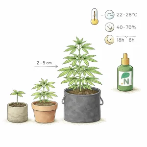 Cannabis Pflanzen in der Wachstumsphase mit optimalen Bedingungen für Licht, Temperatur, Luftfeuchtigkeit und stickstoffreichen Dünger