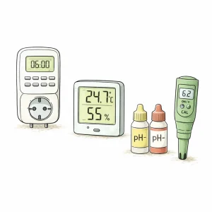 Zeitschaltuhr, Thermohygrometer und pH-Messgerät für die Kontrolle von Licht, Temperatur, Luftfeuchtigkeit und Wasserwerten beim Cannabis Anbau