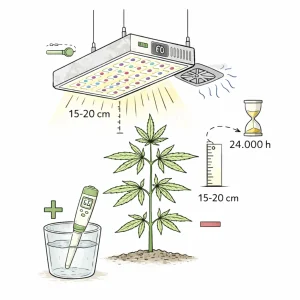 Cannabis Pflanze unter LED Growlampe mit optimalem Abstand von 15 bis 20 cm und Darstellung moderner Beleuchtungssysteme