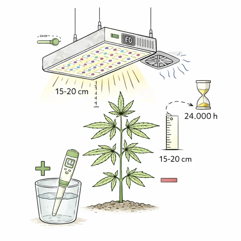 Cannabis Pflanze unter LED Growlampe mit optimalem Abstand von 15 bis 20 cm