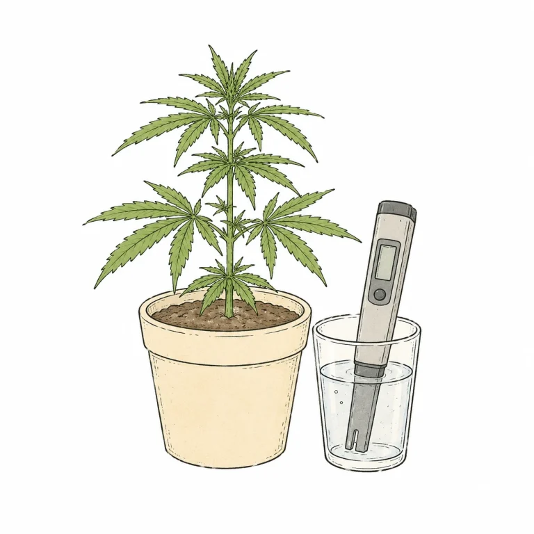 Grower-Hand hält pH-Messgerät neben einem Cannabis-Topf