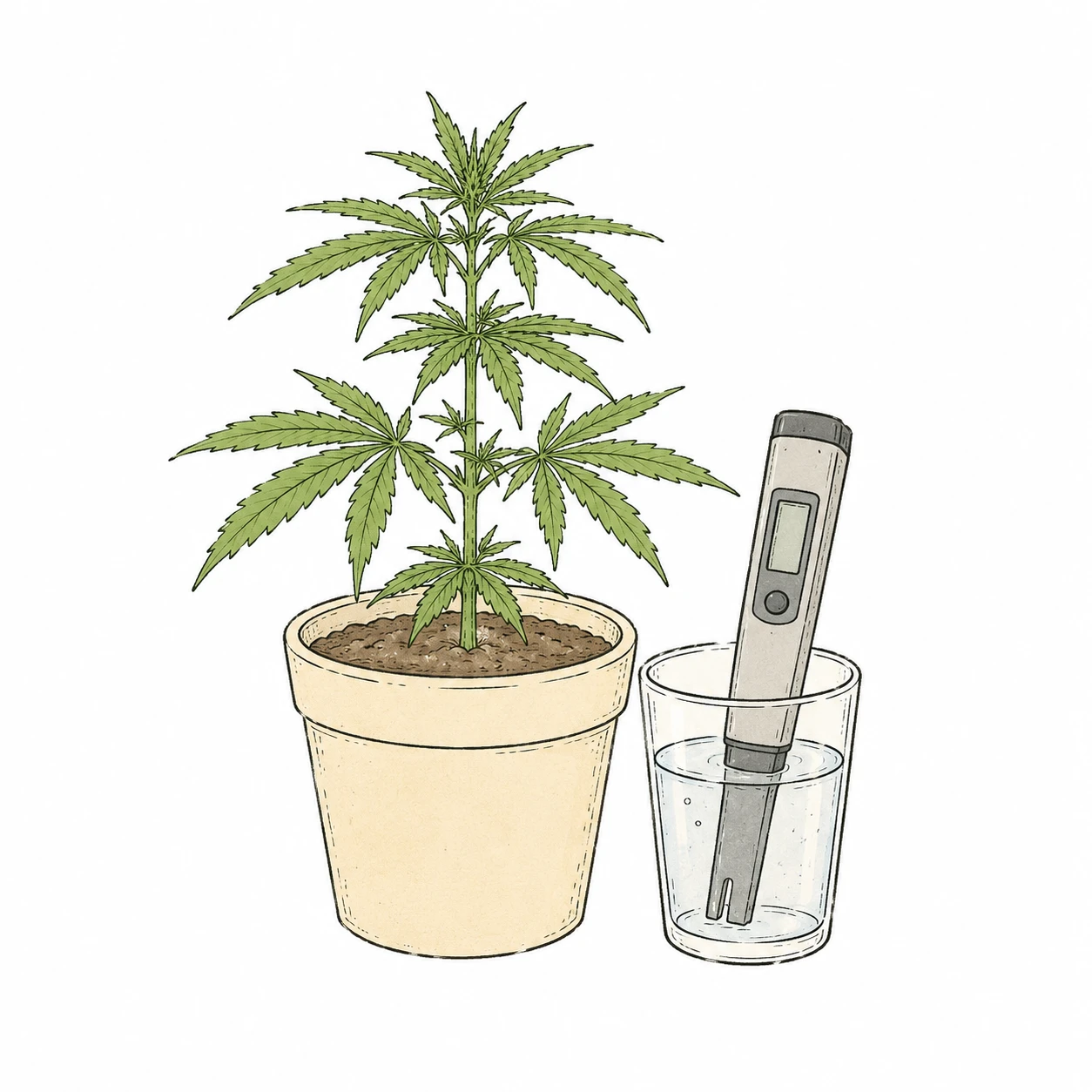 Grower-Hand hält pH-Messgerät neben einem Cannabis-Topf