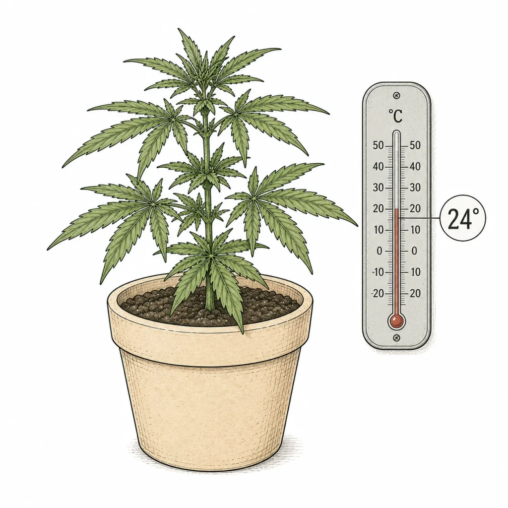 Cannabis Temperatur optimieren - Thermometer neben gesunder Pflanze im Indoor Grow Tent