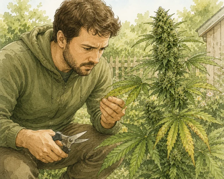 Anfänger-Grower untersucht eine Outdoor-Cannabispflanze mit nachdenklichem Blick und Gartenschere in der Hand