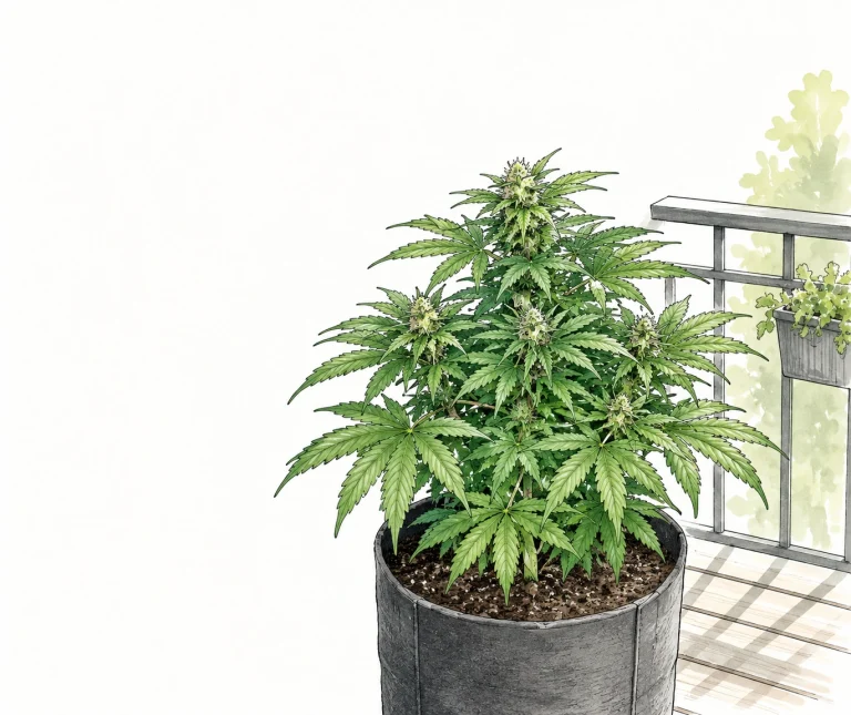 Kompakte Autoflower Cannabis Pflanze auf einem Balkon mit dichtem Wuchs und gesunden grünen Blättern
