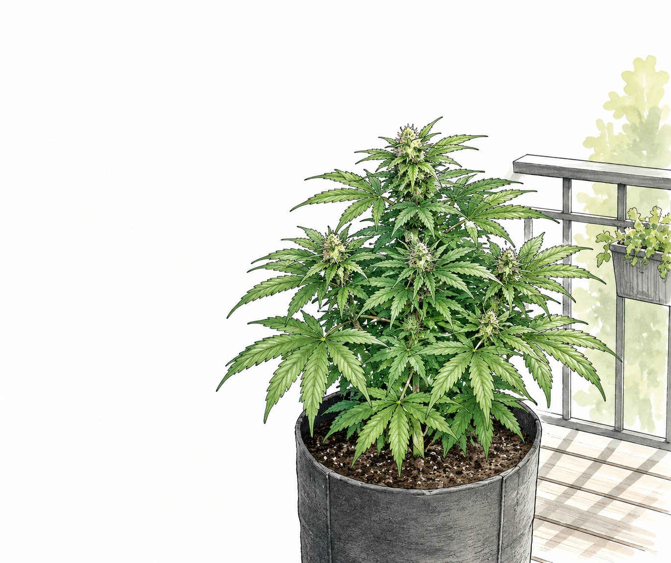 Kompakte Autoflower Cannabis Pflanze auf einem Balkon mit dichtem Wuchs und gesunden grünen Blättern