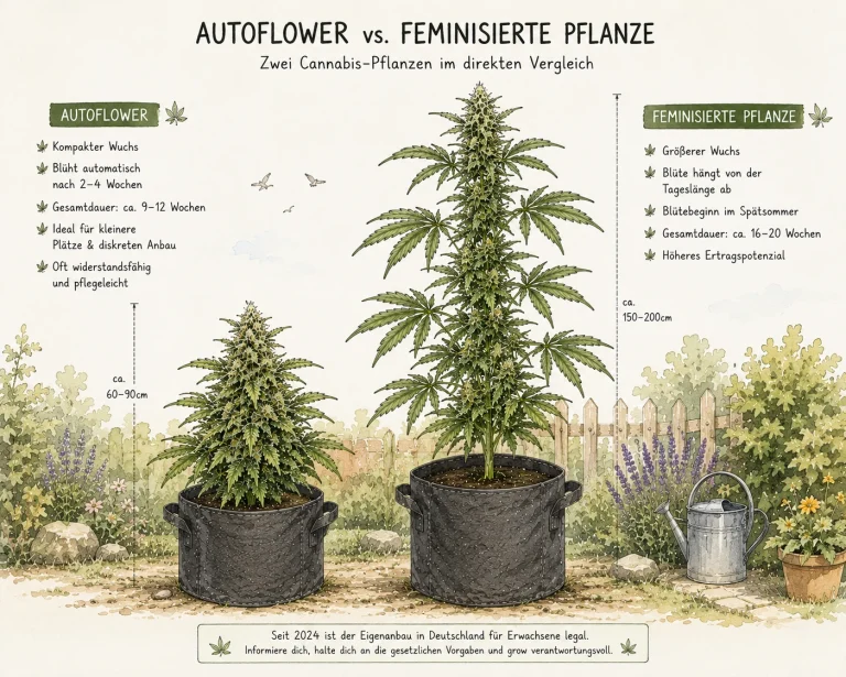 Kompakte Autoflower und größere feminisierte Cannabis Pflanze nebeneinander im Freien dargestellt