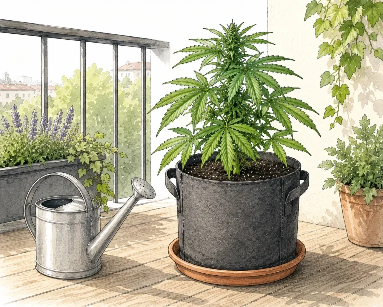 Gießkanne neben einer gesunden Cannabis Topfpflanze auf einem Balkon mit sichtbarem Untersetzer und grünen Blättern