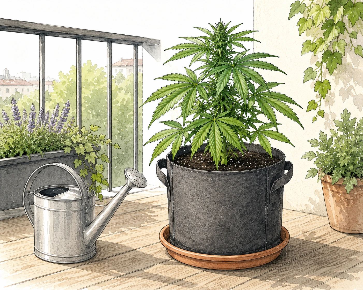 Gießkanne neben einer gesunden Cannabis Topfpflanze auf einem Balkon mit sichtbarem Untersetzer und grünen Blättern