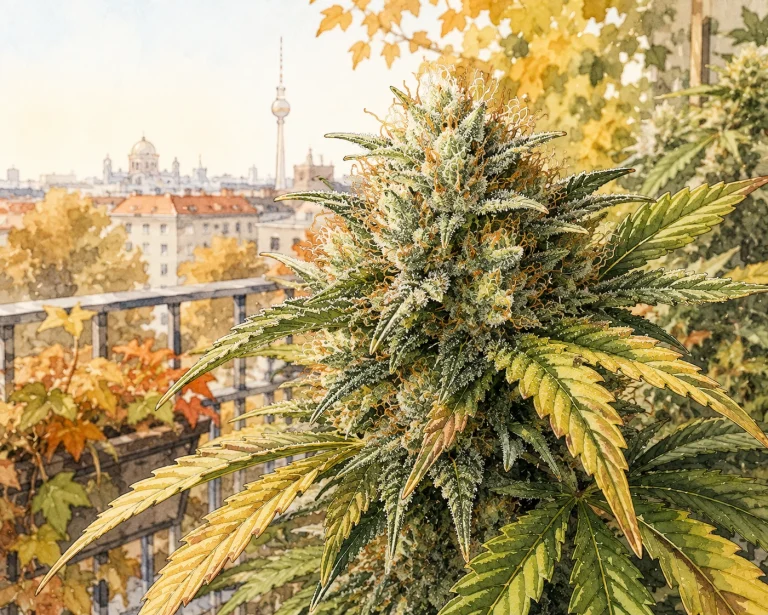 Reife Cannabis Blüte auf einem Balkon mit sichtbaren Trichomen, orangefarbenen Stempeln und herbstlicher Umgebung