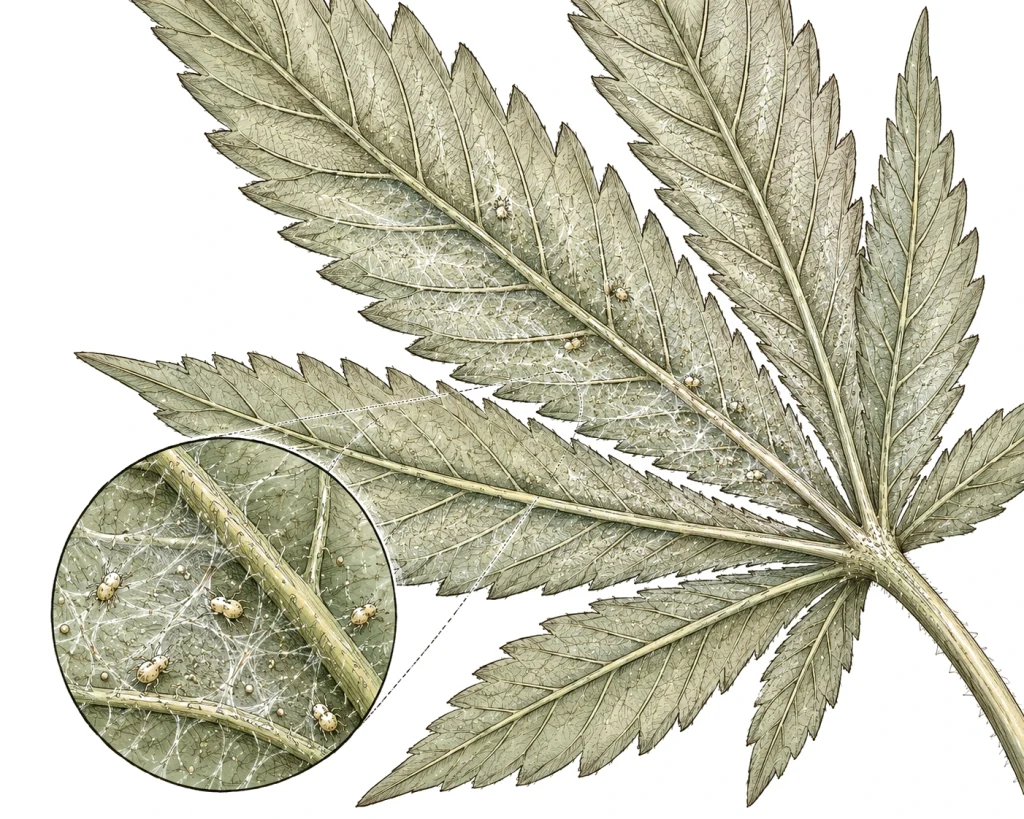 Spinnmilben bekämpfen bei Cannabis: Blattunterseite mit feinem Spinnmilbengewebe und Spinnmilben