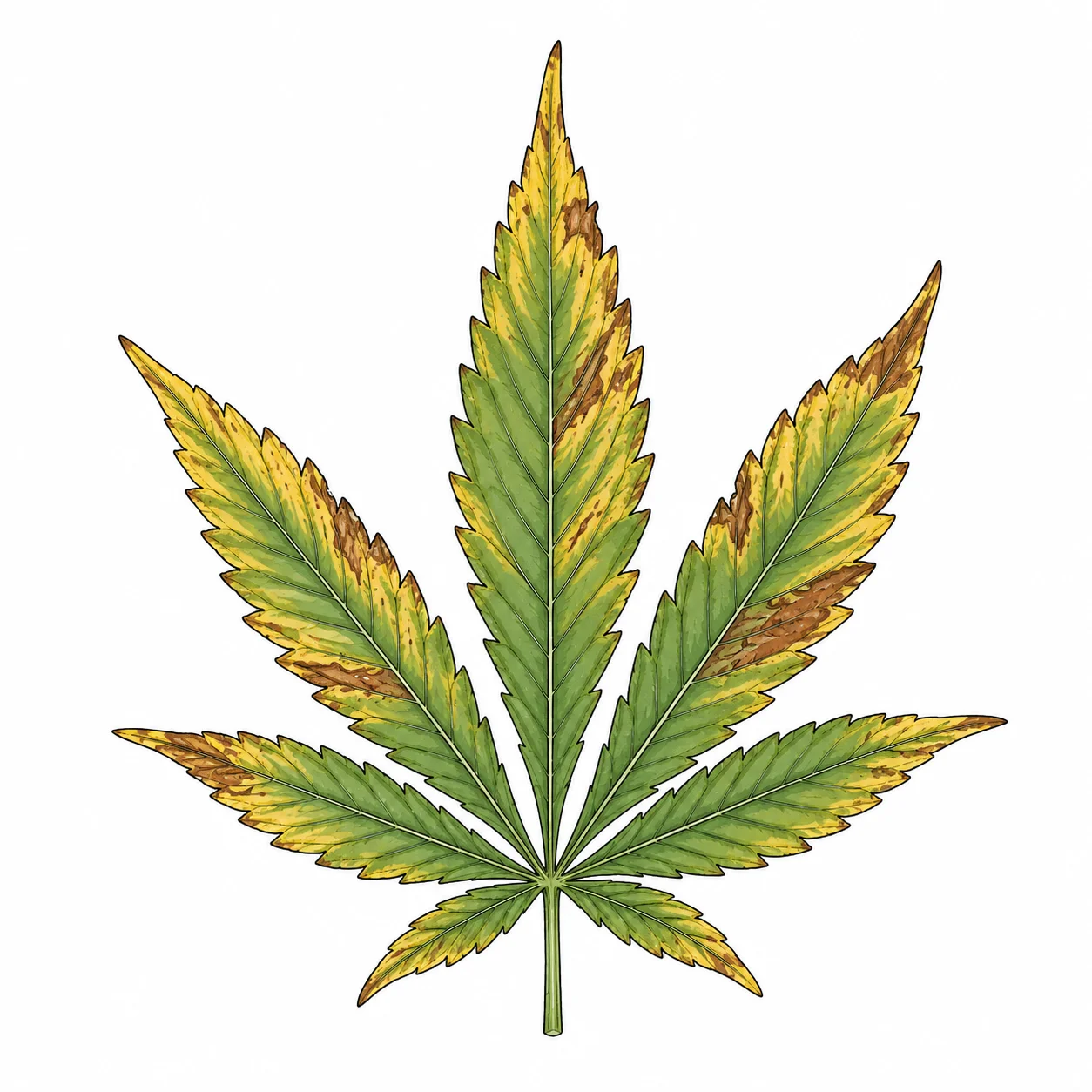 Cannabis Blatt mit Mangelerscheinungen durch Wurzelstress: gelbe Ränder und braune Flecken
