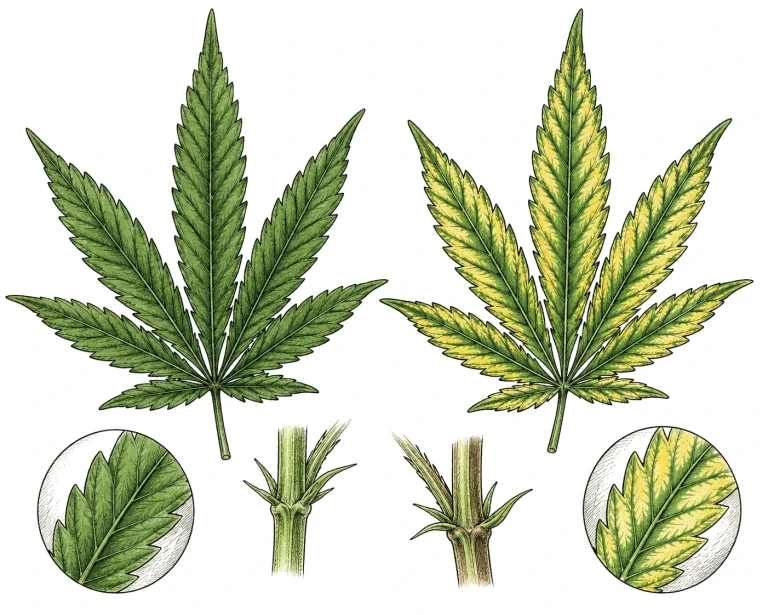 Cannabis Blatt Vergleich gesund vs Chlorose pH-Wert falsch
