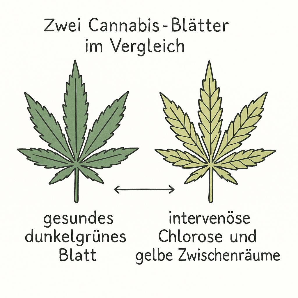 Cannabis Blatt Vergleich gesund vs Chlorose pH-Wert falsch