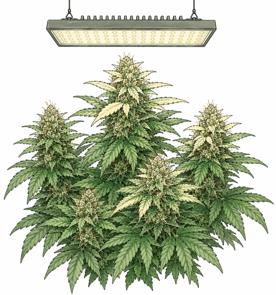 Cannabis LED-Lichtverbrennung: Blueten in der spaeten Bluetephase mit leicht verblassten Sugar Leaves
