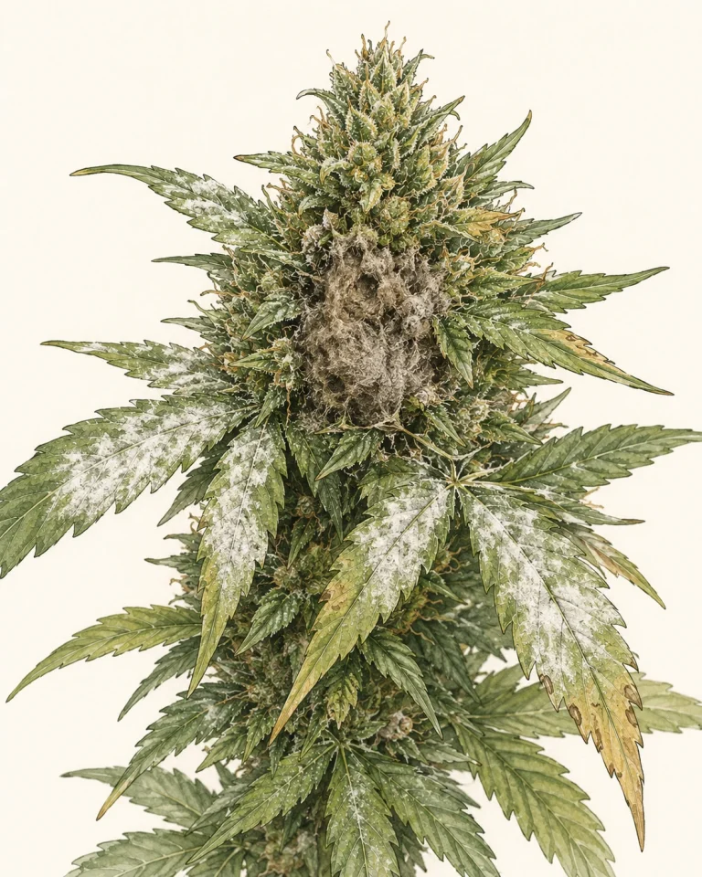 Cannabisblüte mit sichtbarer Botrytis-Fäulnis und weißem Mehltaubelag auf mehreren Blättern