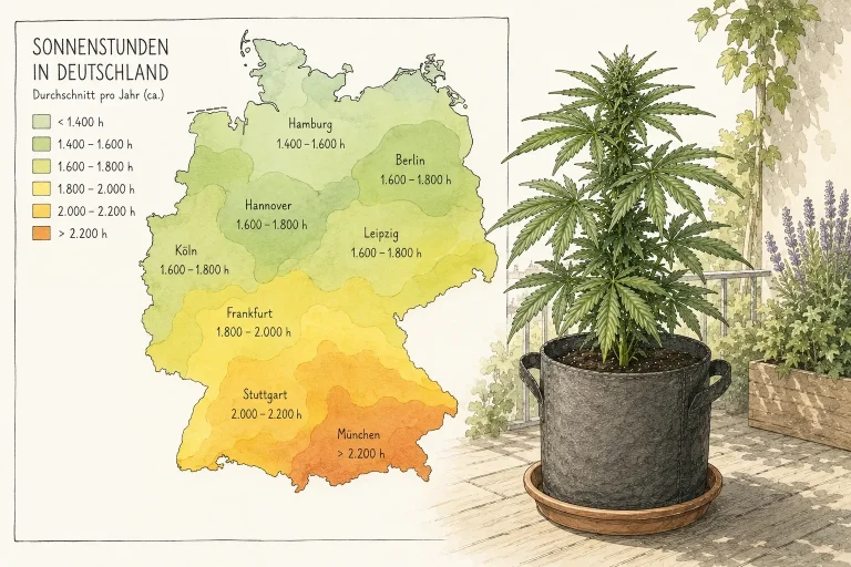 Karte Deutschlands mit regionalen Sonnenstunden neben einer gesunden Cannabis Pflanze auf einer Terrasse