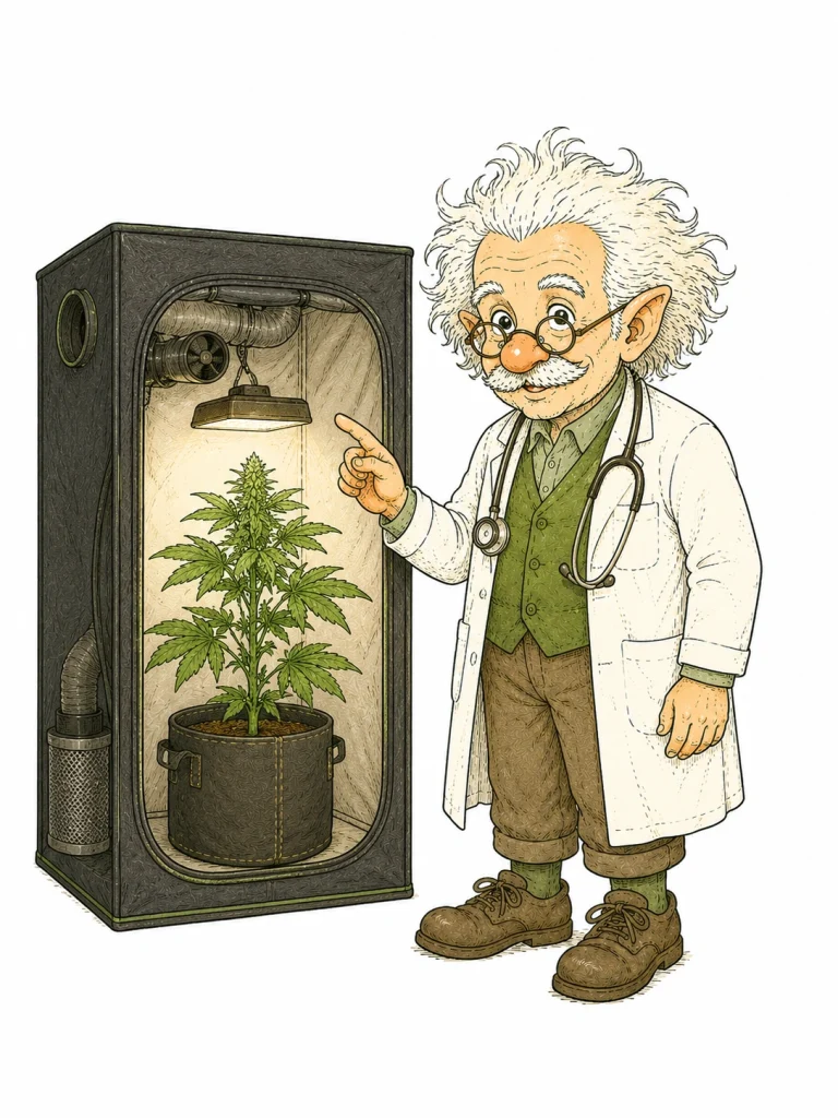 Gesunde, dunkelgrüne Cannabis-Pflanzen in einem ordentlichen Indoor-Grow-Zelt