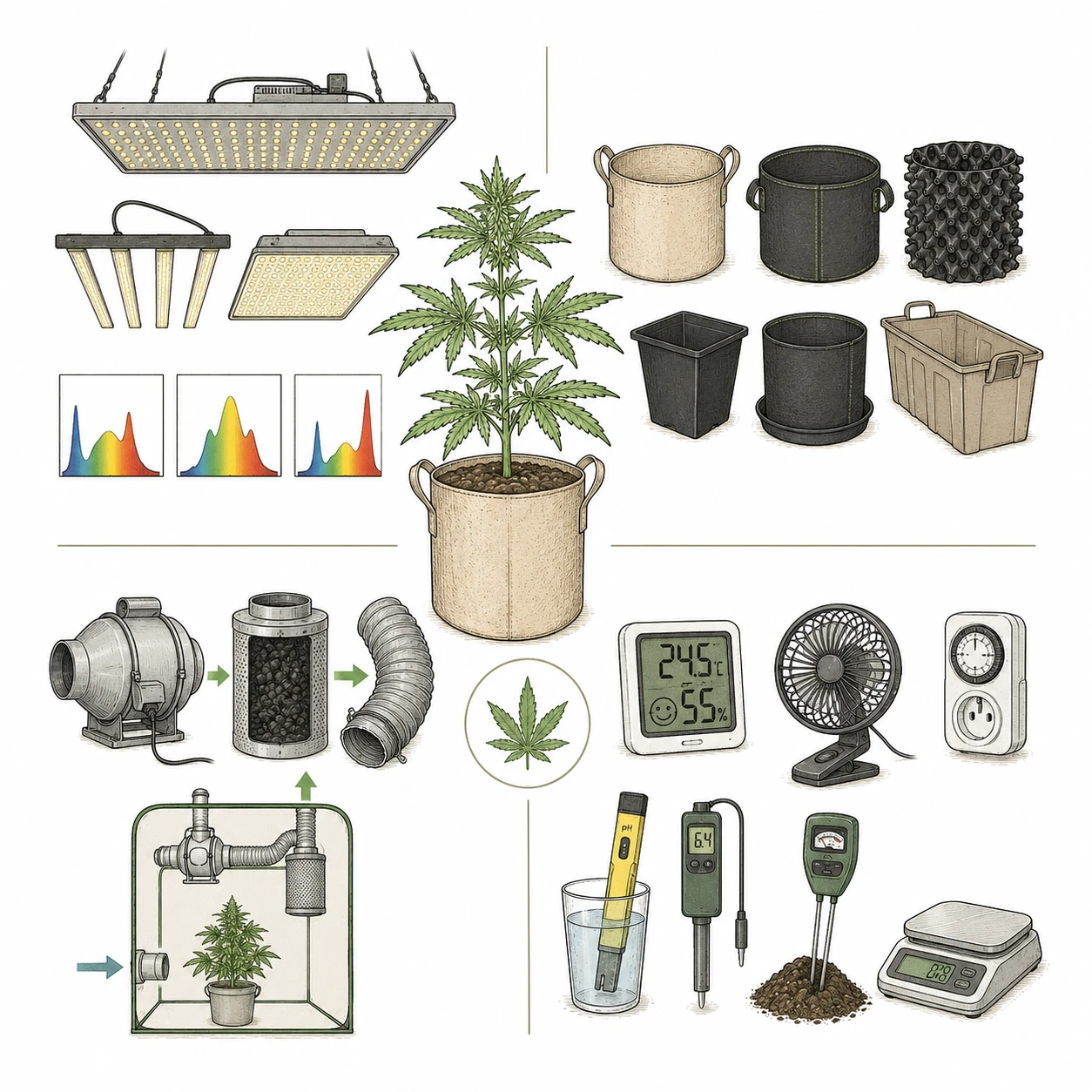 Cannabis Grow Equipment LED Töpfe Lüftung Messgeräte Setup