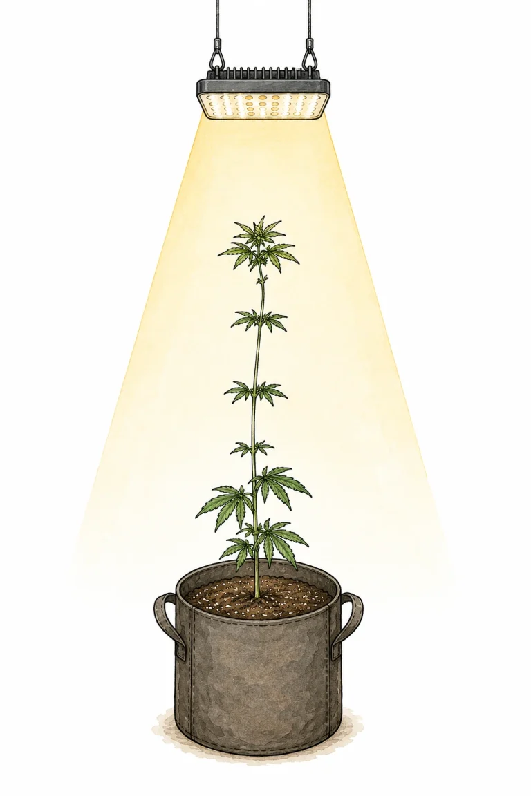 Cannabis Etiolierung Pflanze streckt sich nach LED Lampe